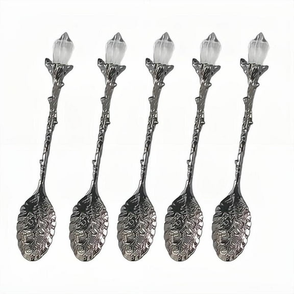 5-Piece Set - Retro Carved Crystal Head Pattern Zinc Alloy Leaf Spoon Creative Mug Dessert Coffee Ice Cream Fruit Tea Spoon (Gun Black - 5 Piece Set)