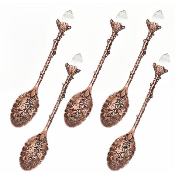 5-Piece Set - Retro Carved Crystal Head Pattern Zinc Alloy Leaf Spoon Creative Mug Dessert Coffee Ice Cream Fruit Tea Spoon (Red Antique - 5 Piece Set)