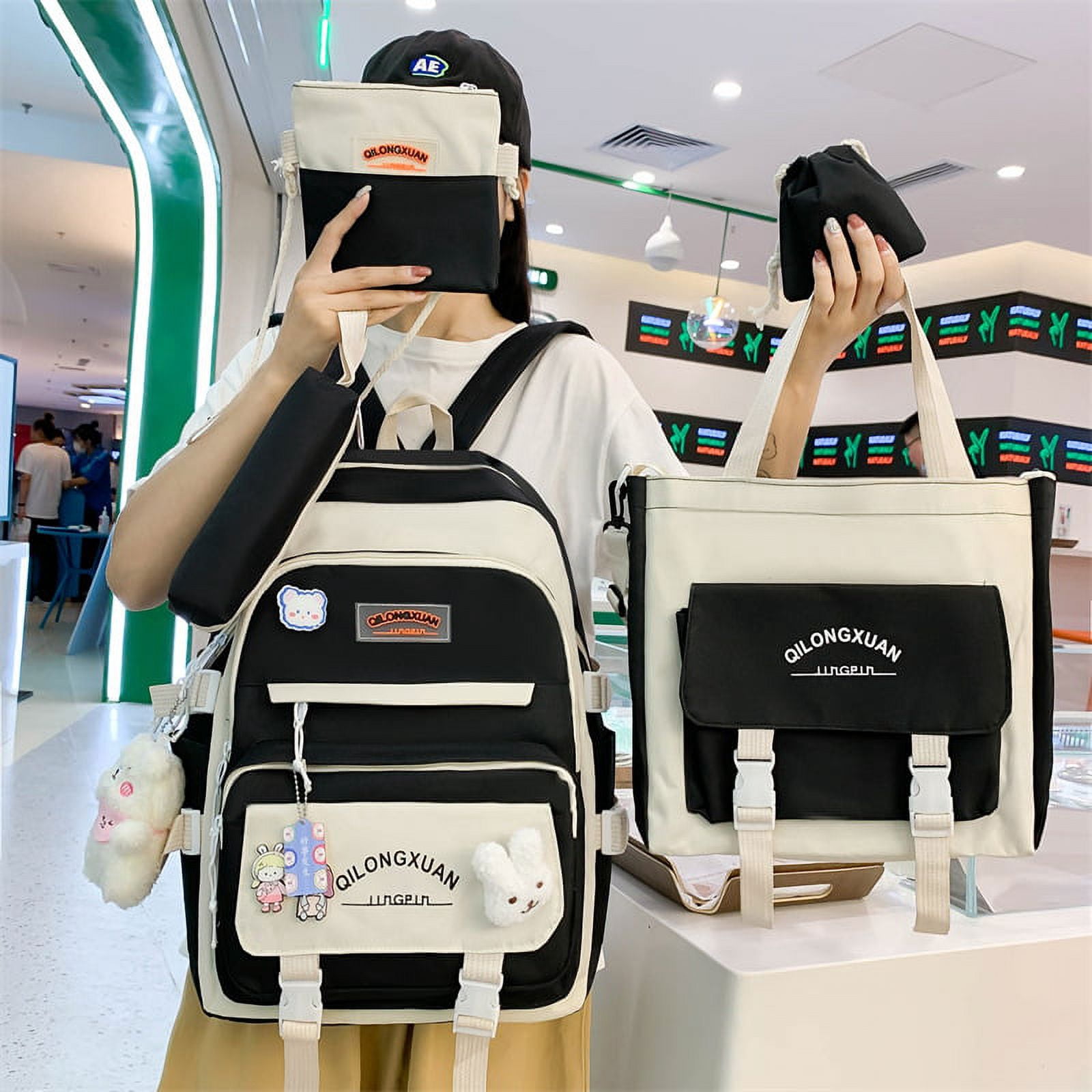 5 Piece Set School Bags for Teenage Girls Cute Backpack Female Teen Student Schoolbag,Black