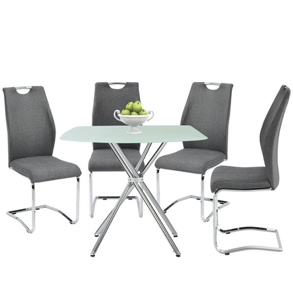 5 Piece/Set,Sleek Chrome Legs and Frosted Glass Tabletop Provide An Ultra-modern Look, Upholstered Upholstered Chairs Ensure Comfort During Meals, Contemporary Elegance Squared Dining Set in Gray