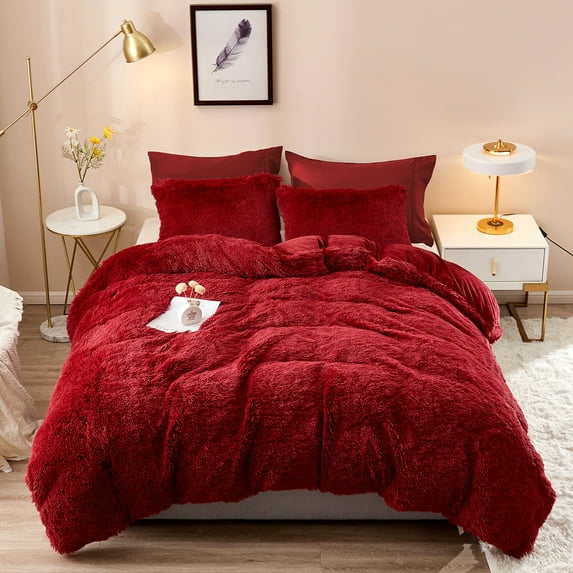 5 Piece Shaggy Duvet Cover Set, Luxury Ultra Soft Cozy Long Faux Fur (Queen, Burgundy)