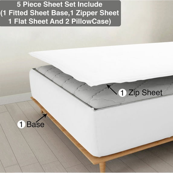 5 Piece Sheet has Zipper Sheet Set, Full Size 15 Inch Deep Pocket, 800 TC, Solid White Color.