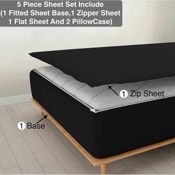 5 Piece Sheet has Zipper Sheet Set, Full Size 18 Inch Deep Pocket, 800 TC, Solid Black Color.