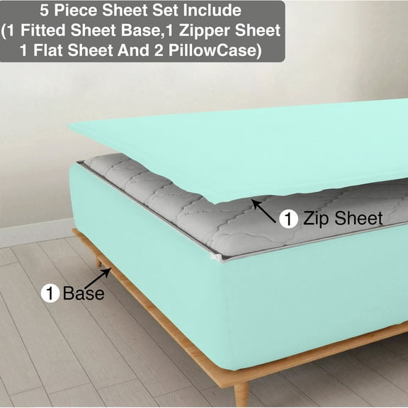 5 Piece Sheet has Zipper Sheet Set, Olympic Queen Size 15 Inch Deep Pocket, 800 TC, Solid Aqua Blue Color.