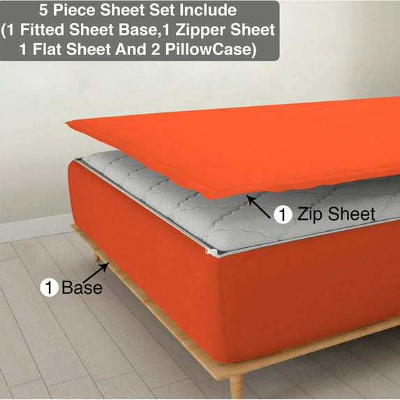 5 Piece Sheet has Zipper Sheet Set, Olympic Queen Size 15 Inch Deep Pocket, 800 TC, Solid Orange Color.