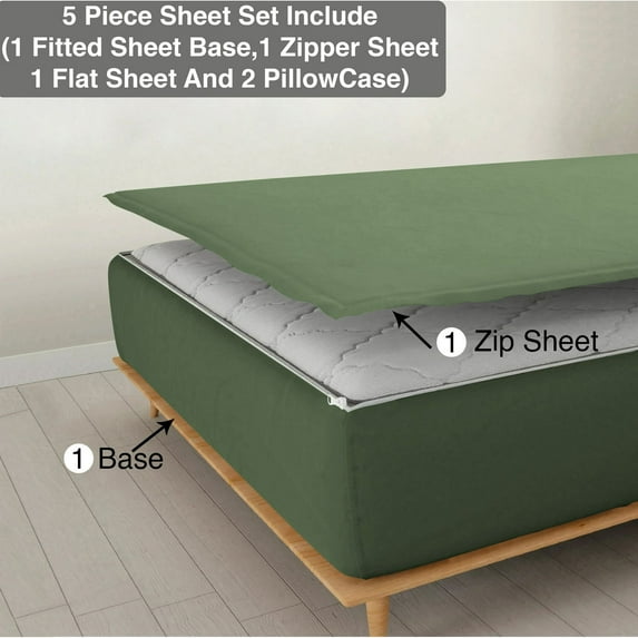 5 Piece Sheet has Zipper Sheet Set, Olympic Queen Size 24 Inch Deep Pocket, 800 TC, Solid Moss Color.