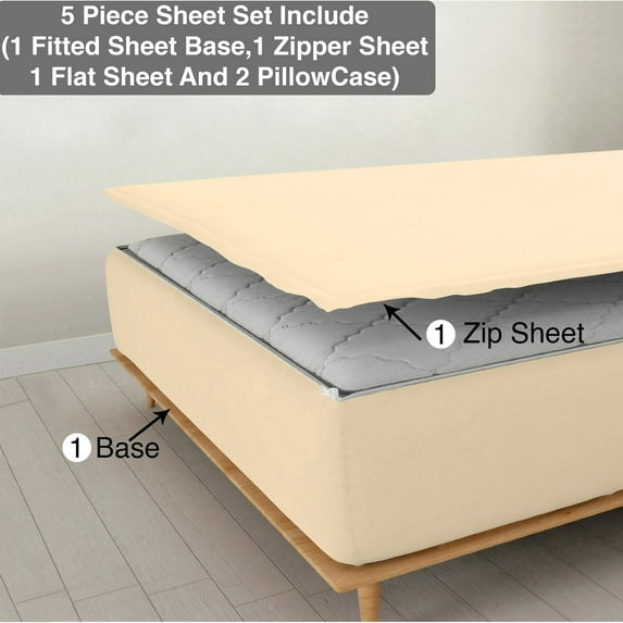 5 Piece Sheet has Zipper Sheet Set, Olympic Queen Size 8 Inch Deep Pocket, 800 TC, Solid Ivory Color.