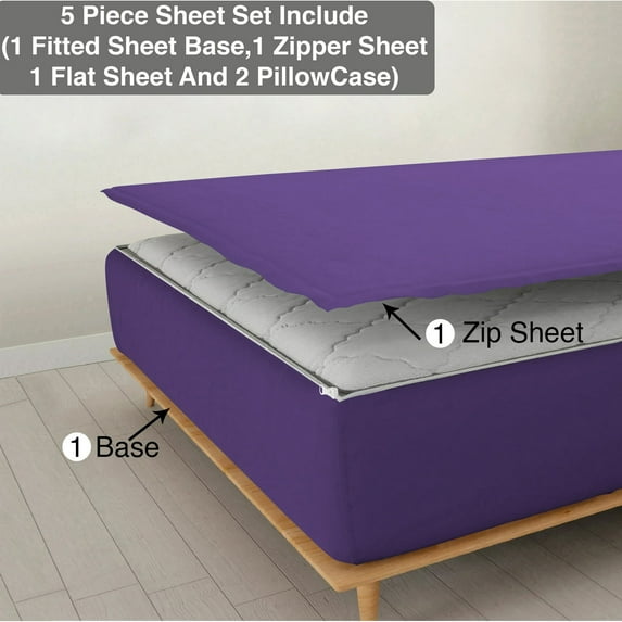 5 Piece Sheet has Zipper Sheet Set, Queen Size 15 Inch Deep Pocket, 800 TC, Solid Purple Color.
