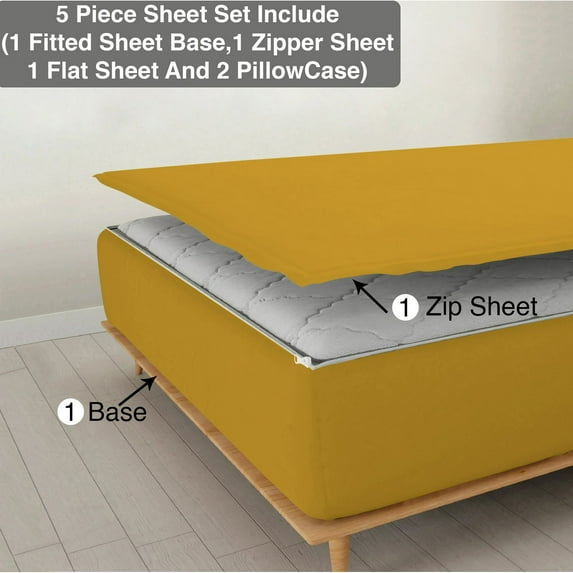 5 Piece Sheet has Zipper Sheet Set, Queen Size 21 Inch Deep Pocket, 800 TC, Solid Gold Color.