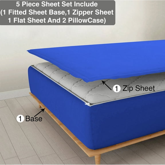 5 Piece Sheet has Zipper Sheet Set, Queen Size 6 Inch Deep Pocket, 800 TC, Solid Royal Blue Color.