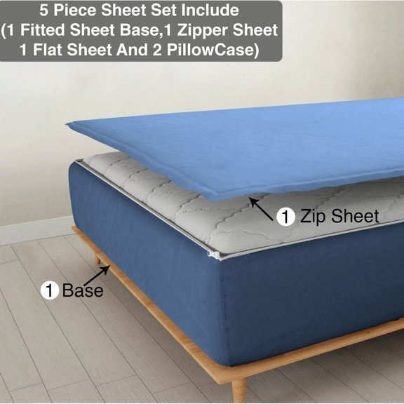 5 Piece Sheet has Zipper Sheet Set, Queen Size 8 Inch Deep Pocket, 800 TC, Solid Medium Blue Color.