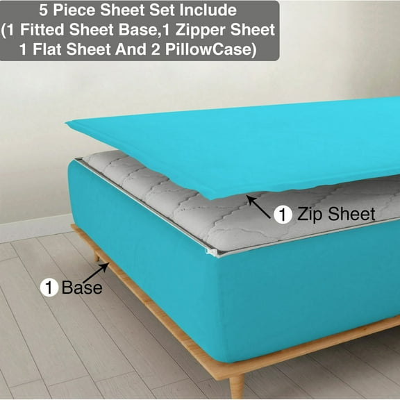 5 Piece Sheet has Zipper Sheet Set, Twin Size 10 Inch Deep Pocket, 800 TC, Solid Turquoise Blue Color.