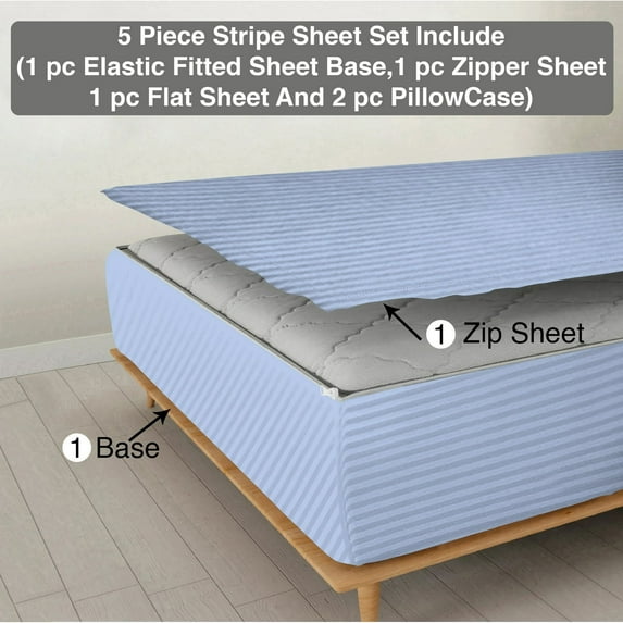 5 Piece Sheet has Zippers Sheet Set, Full Size 8 Inch Deep Pocket, 800 TC, Stripe Light Blue Color.