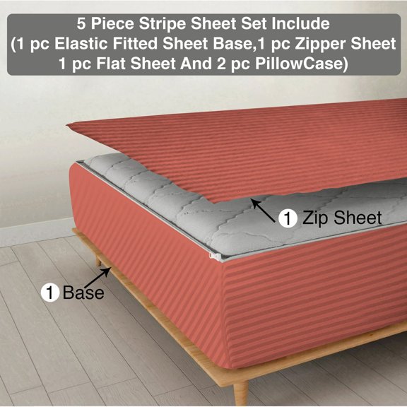 5 Piece Sheet has Zippers Sheet Set, King Size 10 Inch Deep Pocket, 800 TC, Stripe Brick Red Color.