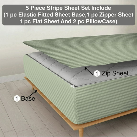 5 Piece Sheet has Zippers Sheet Set, Queen Size 18 Inch Deep Pocket, 800 TC, Stripe Light Sage Color.