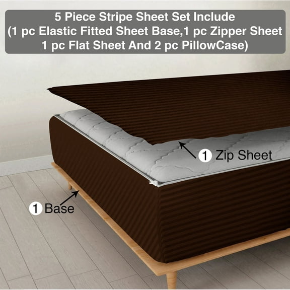 5 Piece Sheet has Zippers Sheet Set, Twin Size 10 Inch Deep Pocket, 800 TC, Stripe Chocolate Color.