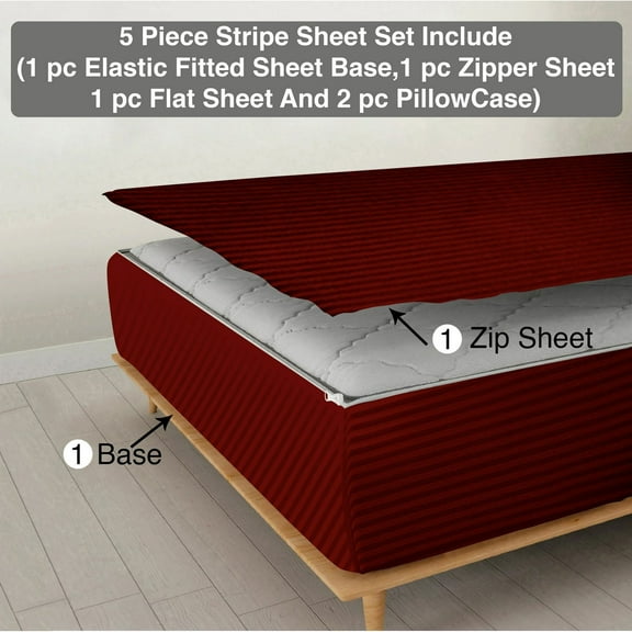 5 Piece Sheet has Zippers Sheet Set, Twin Size 15 Inch Deep Pocket, 800 TC, Stripe Burgundy Color.