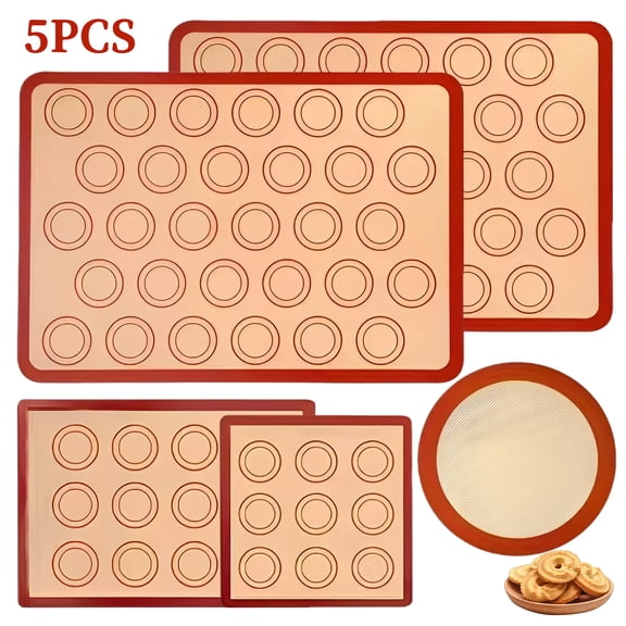 5-Piece Silicone Baking Mat Set, Reusable Baking Sheet Liner with Fiberglass Core, Easy-Release Pastry Mat for Cookies, Macarons, Bread and Oven Baking, Red