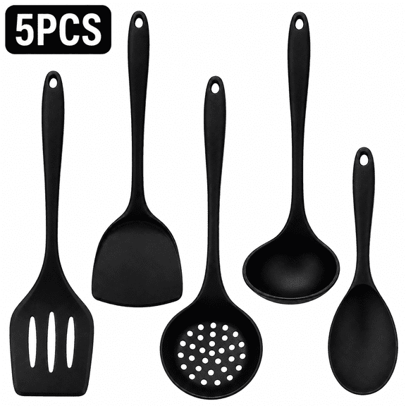 Silicone Spatula Set, 5 Piece Black Cooking Utensils Set with Turner, Spoon and Ladle, Heat Resistant Kitchen Tools for Nonstick Cookware, Easy Clean