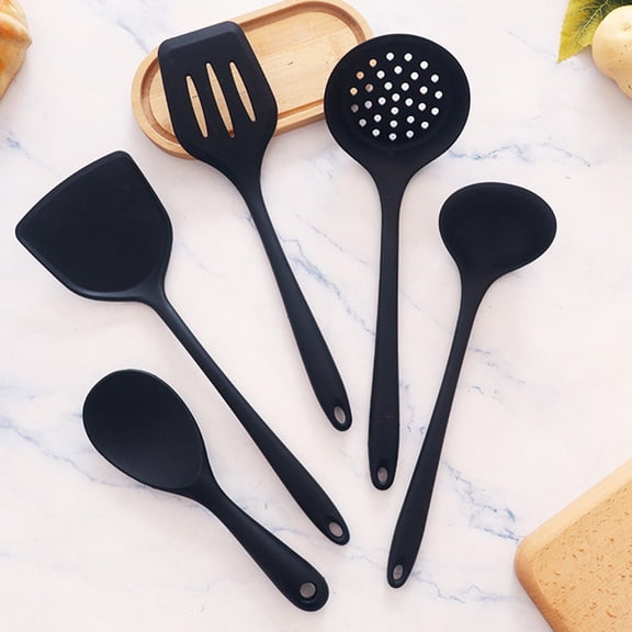 5 Piece Silicone Kitchen Utensil Set with Spatula Spoon Ladle Colander - Nonstick Heat Resistant Cooking Tools for Home Chef Daily Meal Prep - Easy Clean Dishwasher Safe Kitchen Gadgets