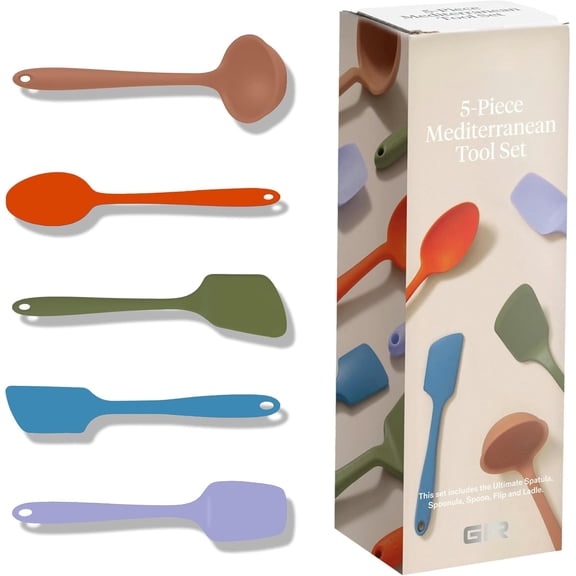 Silicone Ultimate Kitchen Utensils Set Ladle Spatula Flip Spoon Spoonula Non-Toxic for Nonstick Cookware 5 Piece Set Mediterranean