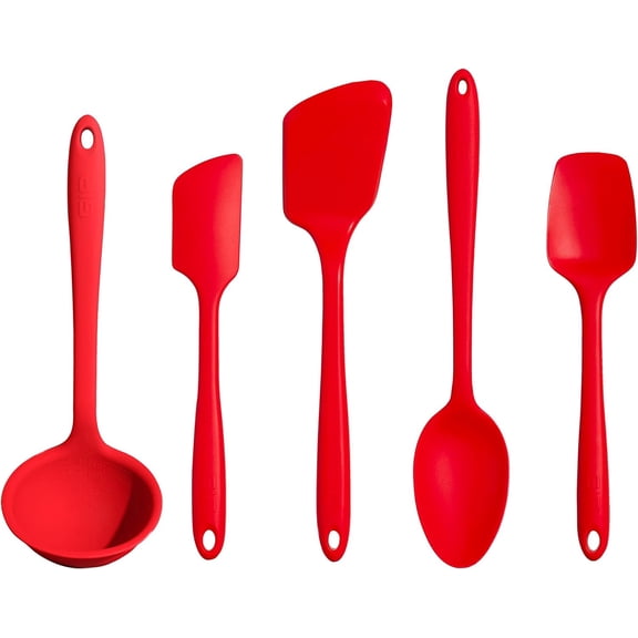 5 Piece Silicone Kitchen Utensils Set with Ladle Spatula Flipper Spoon and Spoonula for Nonstick Cookware Red