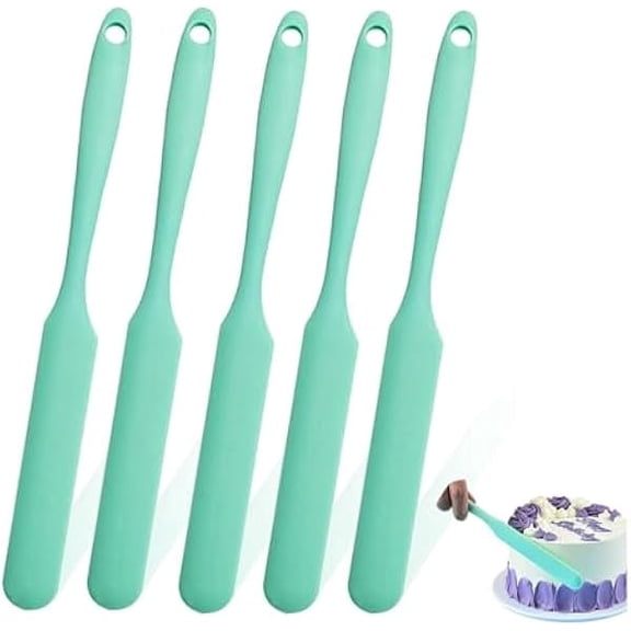 5 Piece Silicone Spatula Set, Long Handle Skinny Spatula & Jar Scraper for Jars, Sourdough Spurtle, Bottles and Containers, Heat-Resistant Non-Stick Spatulas for Mixing, Spreading Jam (5, Green)