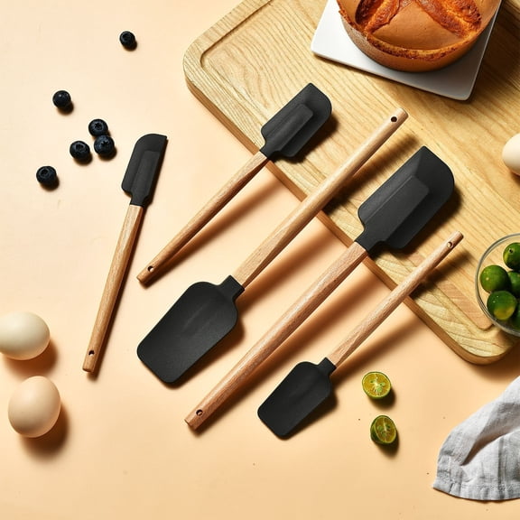 5-Piece Silicone Spatula Set with Wooden Handles Heat Resistant Scraper and Turner Kit Dishwasher Safe for Baking Cooking and Mixing - Black