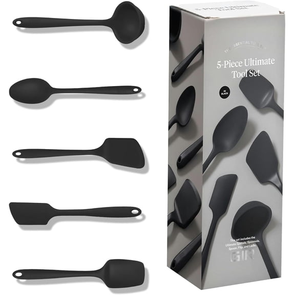 5-Piece Silicone Ultimate Kitchen Utensils Set - Ladle Spatula Flipper Spoon Spoonula - Non-Toxic for Nonstick Cookware - Black