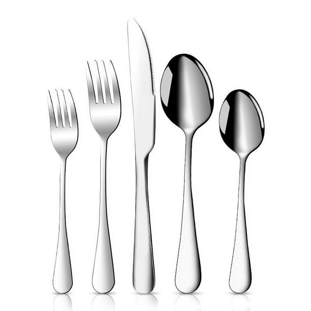 5 Piece Silverware Set ,Premium Stainless Steel Flatware Set,Durable Home Kitchen Eating Tableware Set,Include Fork Knife Spoon Set,Dishwasher Safe,Bright silver