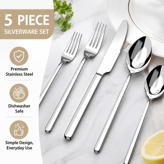 5 Piece Silverware Set for 1, 18/10 Stainless Steel Flatware Cutlery, Mirror Polished, Dishwasher Safe, Ideal for Home, Restaurant, Wedding, Party