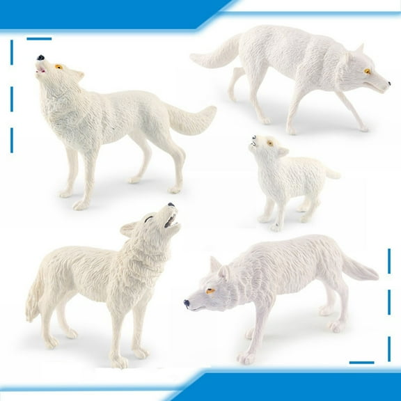 5 Piece Simulation White Wolf Figures Roaming Wolf Cub Models Desktop Decor
