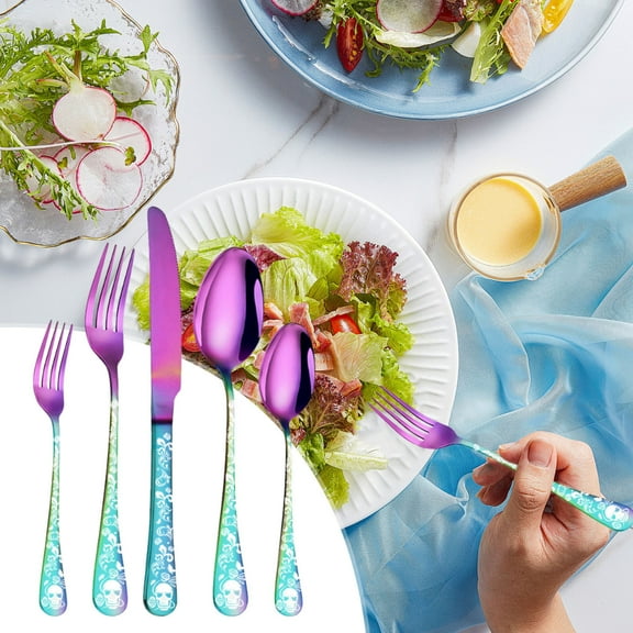 5 Piece Skull Pattern Silverware Set, Stainless Steel Flatware Set, Gothic Unique Skeleton and Flower Pattern Design, Perfect for Halloween Easter and Christmas