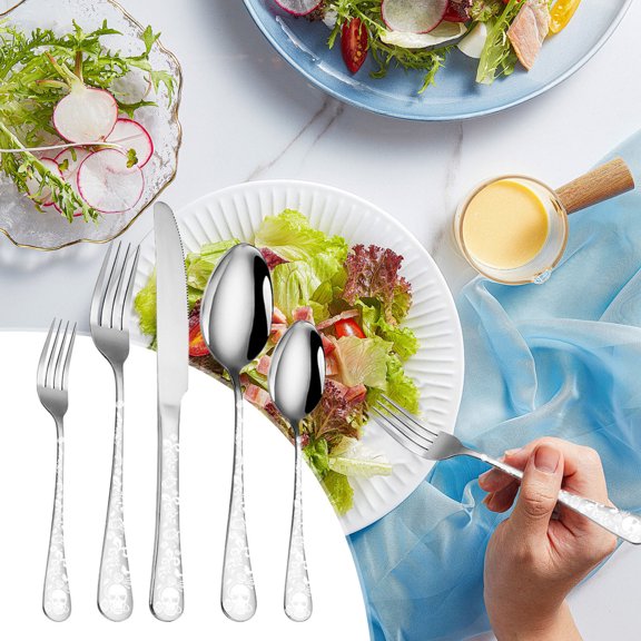 5 Piece Skull Pattern Silverware Set, Stainless Steel Flatware Set, Gothic Unique Skeleton and Flower Pattern Design, Perfect for Halloween Easter and Christmas