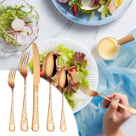 5 Piece Skull Pattern Silverware Set, Stainless Steel Flatware Set, Gothic Unique Skeleton and Flower Pattern Design, Perfect for Halloween Easter and Christmas