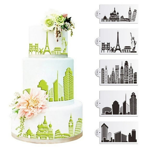 5-Piece Skyline Cake Stencil Set – Reusable PET Plastic Templates for Fondant Decor, Modern Architecture Design for Cakes, Cookies & DIY Crafts