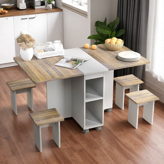 5-Piece Small Space Folding Dining Table Set with 4 Chairs - 55'' Drop Leaf Wood Table with Storage, 6 Wheels & Brakes, Extendable for Kitchen/Dining Room, Brown