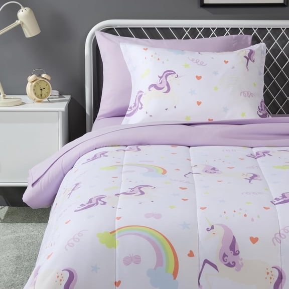 5-Piece Soft, Easy-Wash Microfiber Kid's Bed-in-a-Bag Bedding Set with Sheet and Comforter, Twin, Unicorn Print