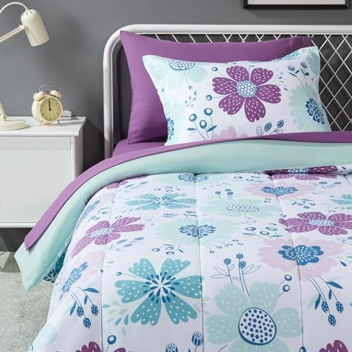 5 Piece Soft Microfiber Kid's Bed-in-a-Bag Bedding Set, Twin, Bluish Flowers, Floral