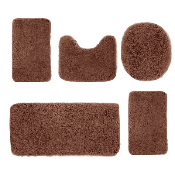 5-Piece Solid Color Bathroom Rug Set, Super Soft Absorbent Toilet Mats with Non-Slip Backing, Machine Washable Modern Bath Mat for Bathroom Floor,Brown