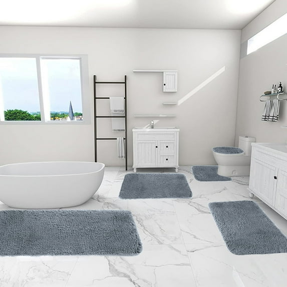 5-Piece Solid Color Bathroom Rug Set | Ultra Soft Long Pile Velvet Fleece | Super Absorbent & Machine Washable | Non-Slip Backing | Dark Gray Modern Bath Mats for Toilet & Shower