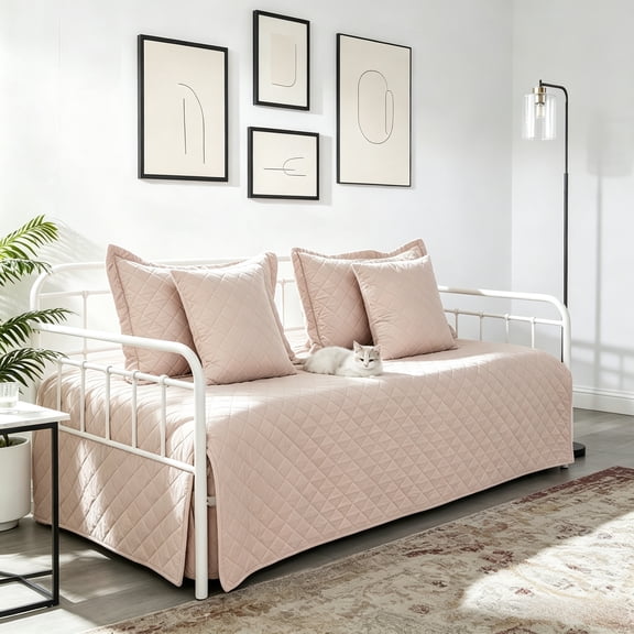 5-Piece Solid Quilted Daybed Cover Set, Twin Size All-Season Microfiber Bedding with Pillow Shams