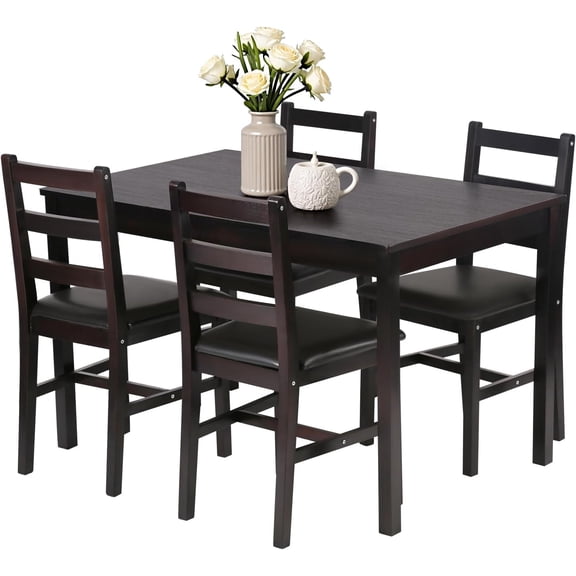 | 5-Piece Solid Wood Dining Table Set for 4 Brown Space-Saving Design Smooth Easy-to-Clean Surface Pine Kitchen with Upholstered Chairs Room, Apartment, Restaurant