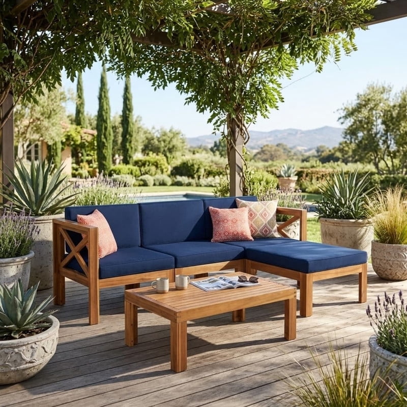 5-Piece Solid Wood Outdoor Sectional Sofa Set with Ottoman, Patio Furniture Set with Cushions, Outdoor Seating Group Set with Coffee Table