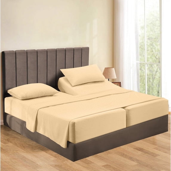 5-Piece Split California King Sheet Set, 800 Thread Count, 100% Egyptian Cotton, Color Beige Stripe Pattern, Fits 16-Inch Deep Mattresses