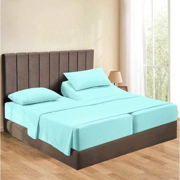 5-Piece Split King Sheet Set, 800 Thread Count, 100% Egyptian Cotton, Color Aqua Blue Stripe Pattern, Fits 16-Inch Deep Mattresses