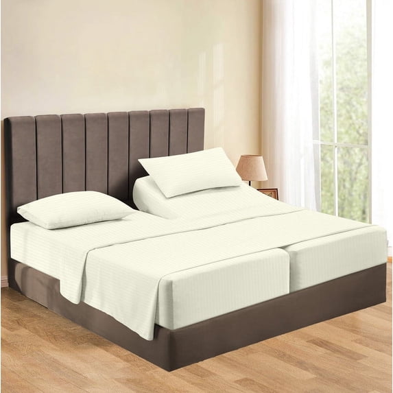 5-Piece Split King Sheet Set, 800 Thread Count, 100% Egyptian Cotton, Color Ivory Stripe Pattern, Fits 16-Inch Deep Mattresses