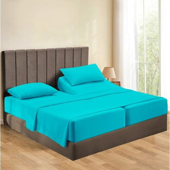 5-Piece Split King Sheet Set, 800 Thread Count, 100% Egyptian Cotton, Color Turquoise Stripe Pattern, Fits 16-Inch Deep Mattresses