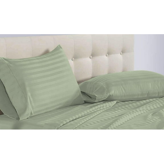 5 Piece Split King Sheet Set For Adjustable Beds 100% Egyptian Cotton 800 Thread Count Split King Sheet Set, 12 Inch Deep Pocket, Light Sage Stripe