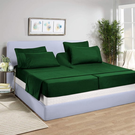 5 Piece Split King Sheet Set for Adjustable Beds 800 Thread Count 100% Egyptian Cotton Split King Sheet Set, 26 Inch Deep Pocket, Green Solid